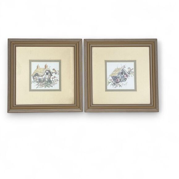 Wall Art Set 2 Prints Matted Wood Frame Glass Cover Birdhouses Flowers 7x7 - Picture 7 of 9